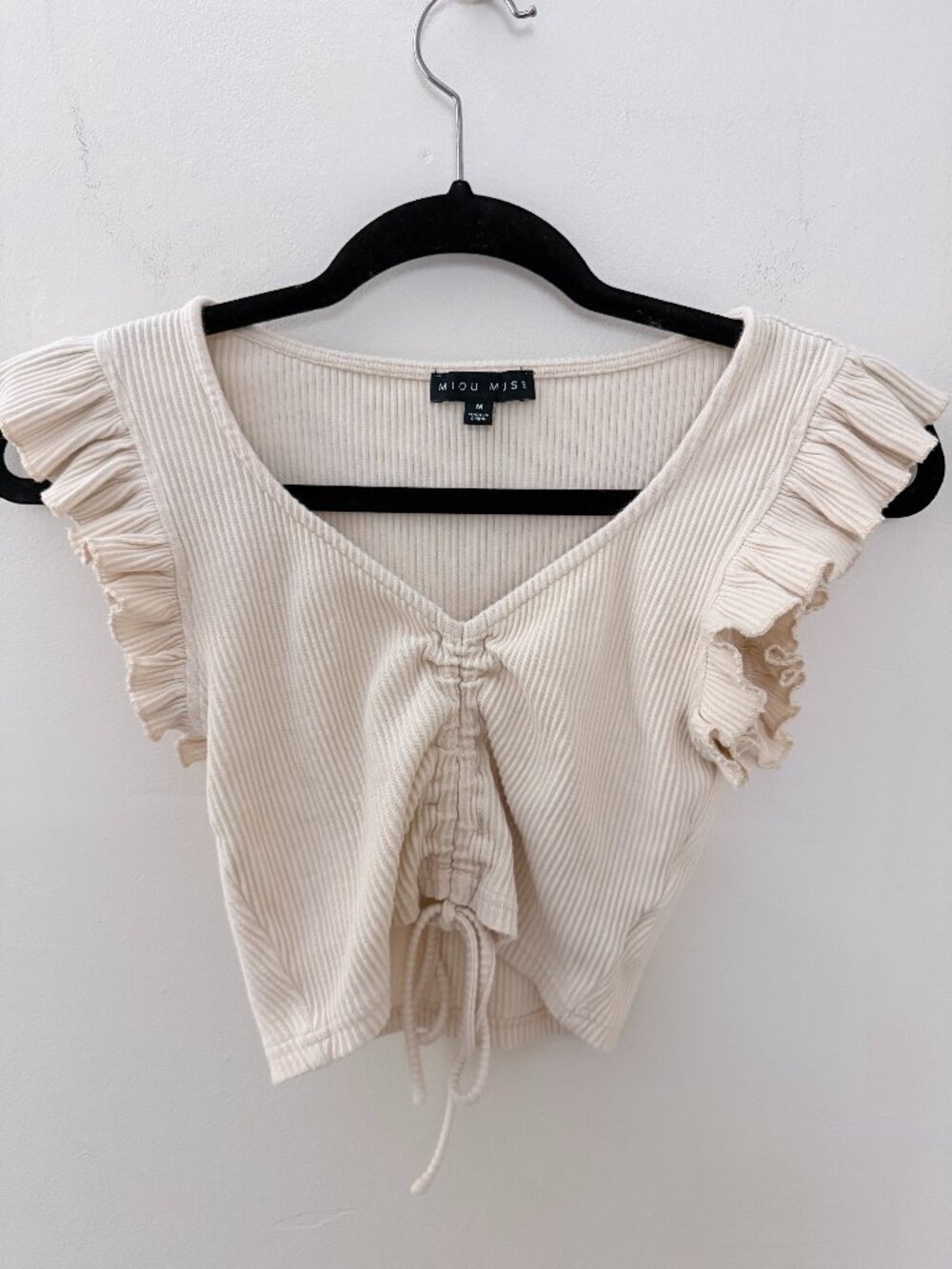 Miou Muse Cream Ribbed Crop Top Ruffle Cap Sleeves Drawstring Cinch V Neck | MED
